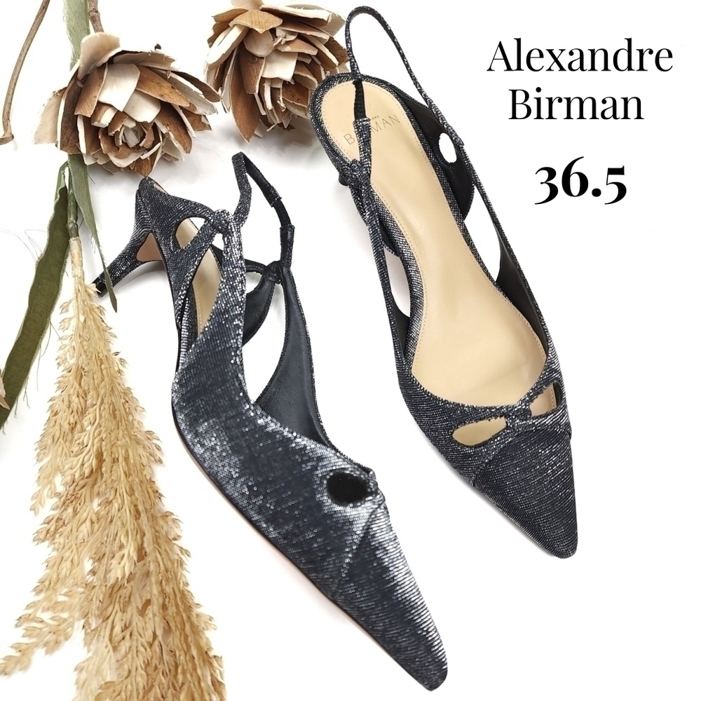 Alexandre Birman Black Silver Sparkle Slingback Heels Size 36.5